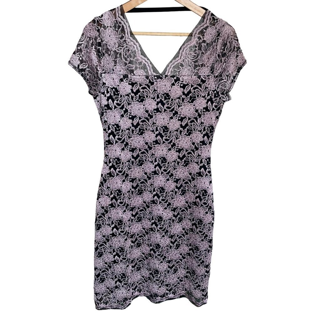 SAN FRANSISCO Pink Black Lace Evening Dress Wedding V-Neck Short Sleeve Medium